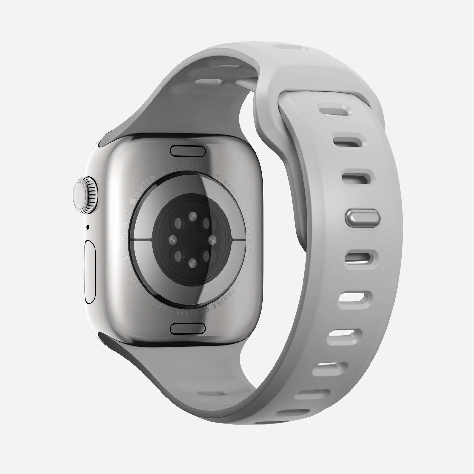 A grey colour premium silicone watch strap developed for apple watch series 11 size 42mm 46mm and apple watch ultra 3, designed for active sports activities with interior groves for breathability