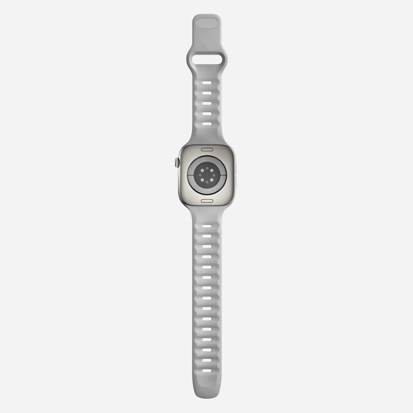 A grey colour premium silicone watch strap developed for apple watch series 11 size 42mm 46mm and apple watch ultra 3, designed for active sports activities with interior groves for breathability