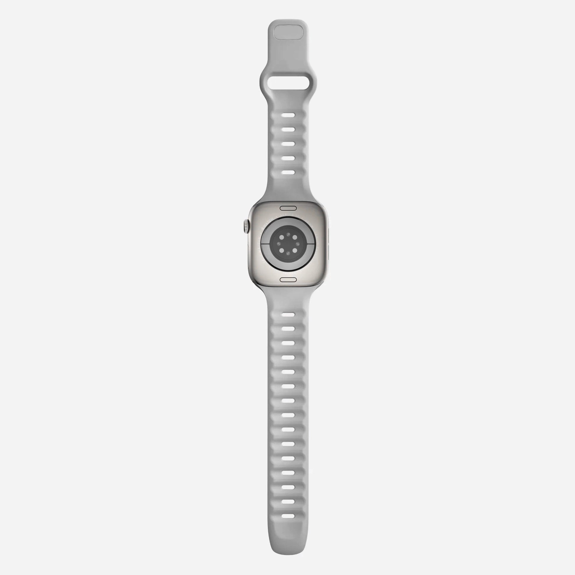 A grey colour premium silicone watch strap developed for apple watch series 11 size 42mm 46mm and apple watch ultra 3, designed for active sports activities with interior groves for breathability