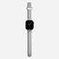 A grey colour premium silicone watch strap developed for apple watch series 11 size 42mm 46mm and apple watch ultra 3, designed for active sports activities with interior groves for breathability