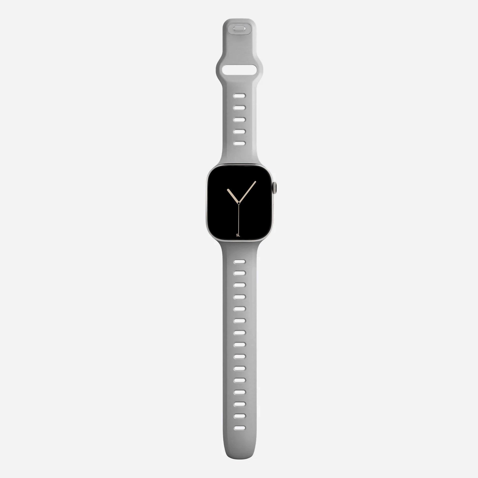 A grey colour premium silicone watch strap developed for apple watch series 11 size 42mm 46mm and apple watch ultra 3, designed for active sports activities with interior groves for breathability