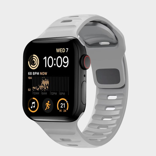A grey colour silicon watch strap for apple watch series 8 45mm designed for active sports and heavy duty activities