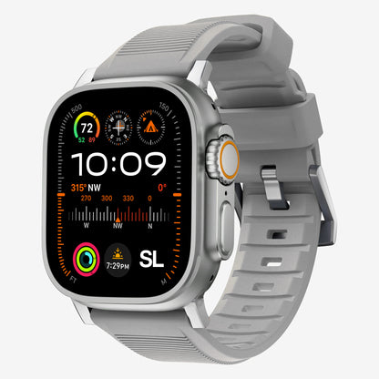 New grey silicone with metal connectors, pin and buckle watch strap with compression grooves designed for apple watch series 10 45mm 46mm and ultra 2 side angle