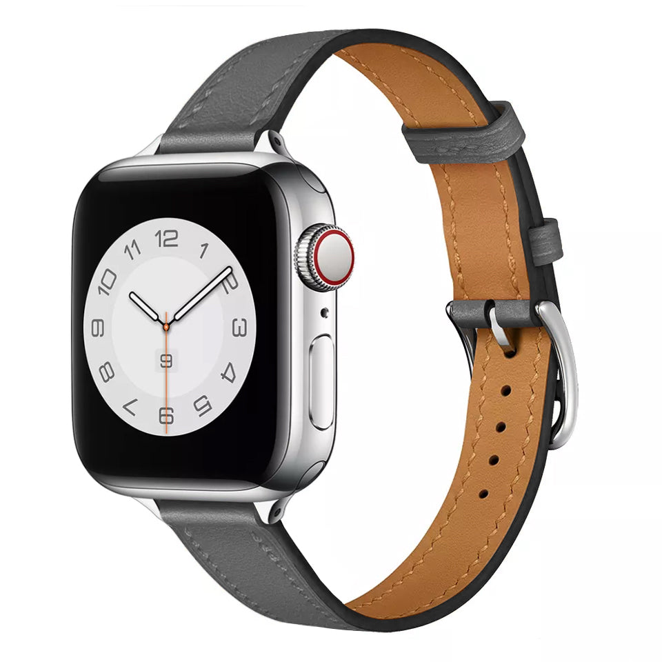 Women's grey colour slim genuine leather watch strap on an apple watch series 9 41mm