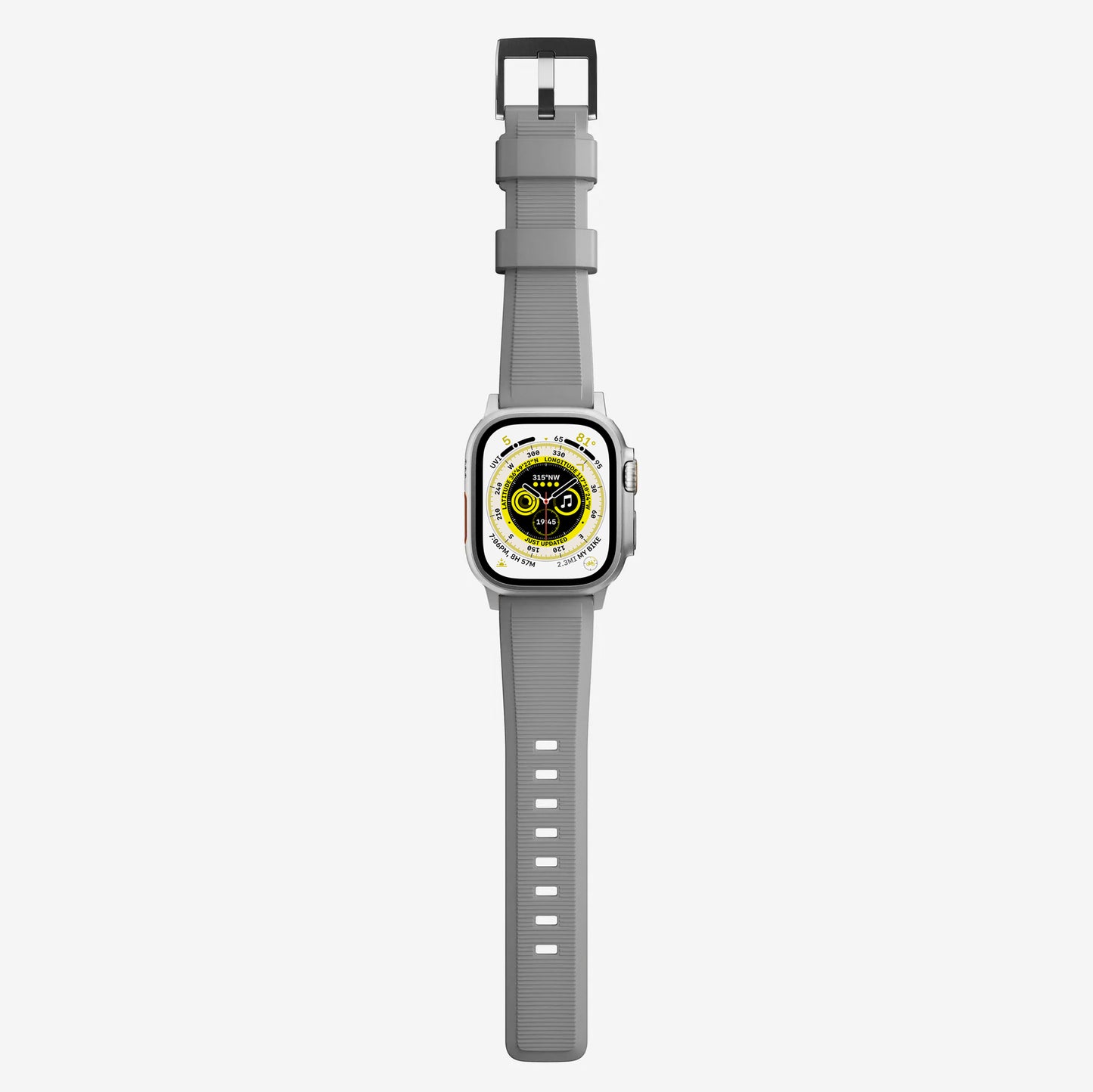 New grey silicon with metal connectors, pin and buckle watch strap with compression grooves designed for apple watch series 9 45mm and ultra 2 side angle