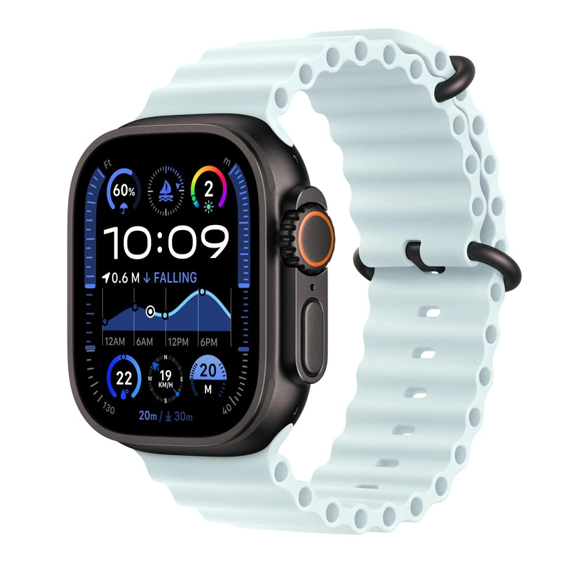 An ice blue colour silicone watch strap for apple watch series 10 and ultra designed for sports and active gym activities