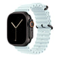 An ice blue colour watch strap band made from silicone  with two metal buckles on an Apple watch series 10 42mm/ 45mm/ 46mm and ultra 2 designed for the ocean and active sports