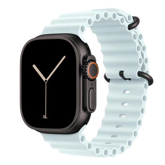 An ice blue colour watch strap band made from silicone  with two metal buckles on an Apple watch series 10 42mm/ 45mm/ 46mm and ultra 2 designed for the ocean and active sports