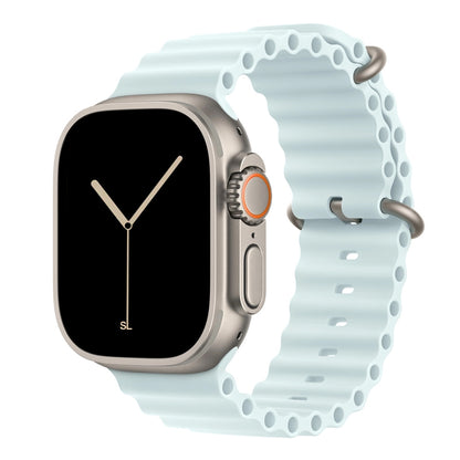 An ice blue colour watch strap band made from silicone  with two metal buckles on an Apple watch series 10 42mm/ 45mm/ 46mm and ultra 2 designed for the ocean and active sports