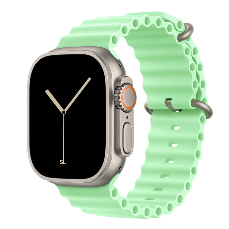 An ice green colour watch strap band made from silicone  with two metal buckles on an Apple watch series 11 42mm/ 45mm/ 46mm and ultra 3 designed for the ocean and active sports