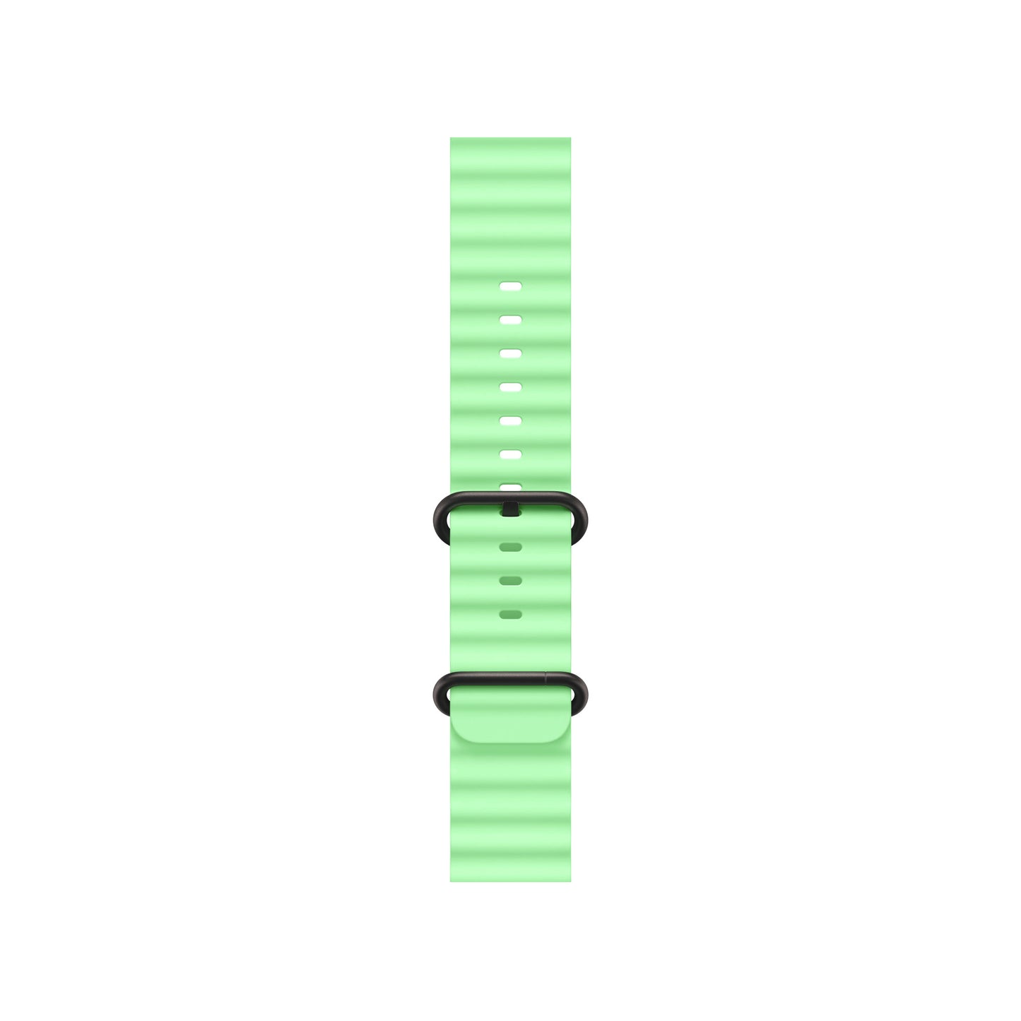 An ice green colour watch strap band made from silicone  with two metal buckles on an Apple watch series 11 42mm/ 45mm/ 46mm and ultra 3 designed for the ocean and active sports