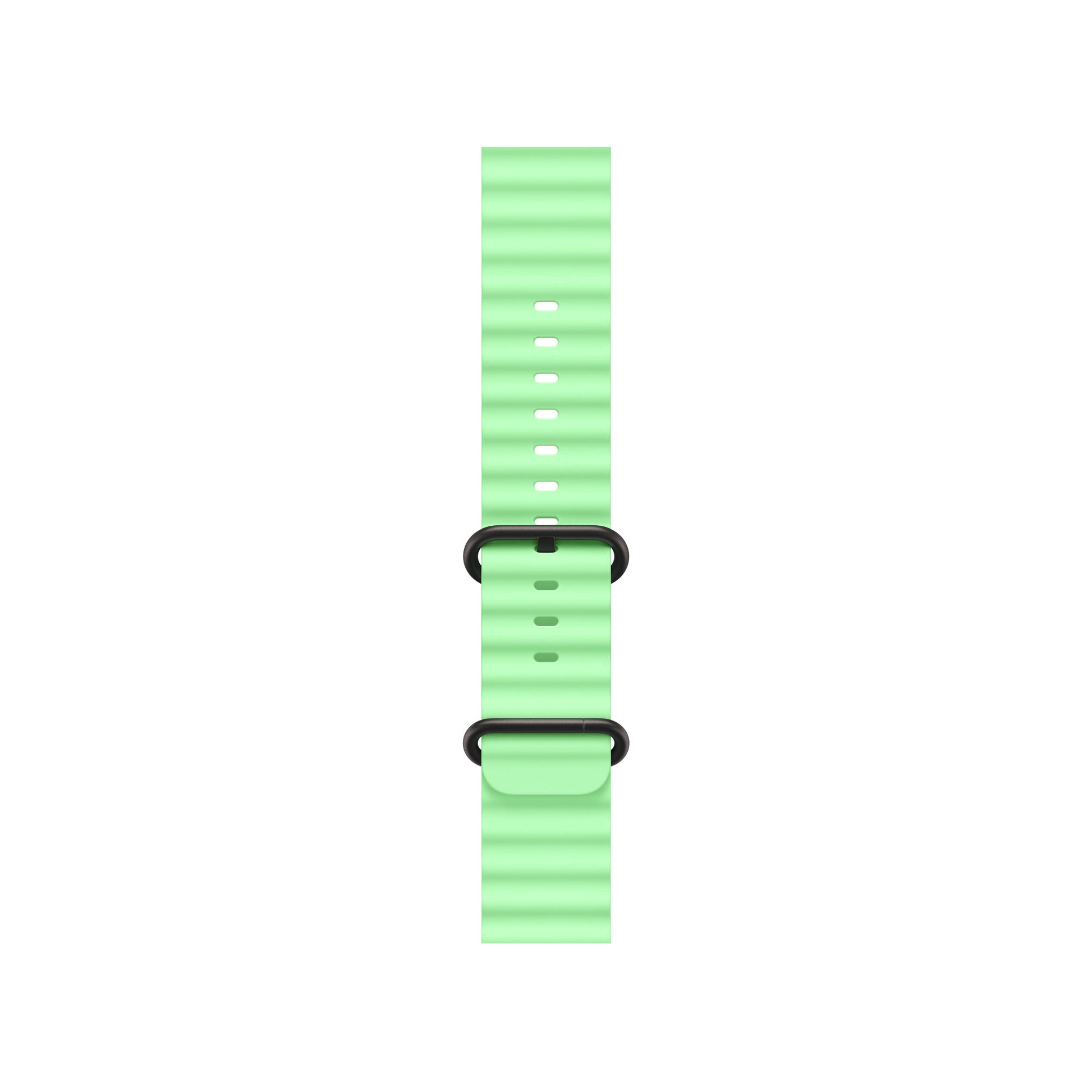An ice green colour watch strap band made from silicone  with two metal buckles on an Apple watch series 11 42mm/ 45mm/ 46mm and ultra 3 designed for the ocean and active sports