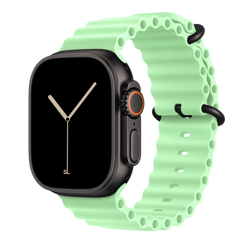 An ice green colour watch strap band made from silicone  with two metal buckles on an Apple watch series 11 42mm/ 45mm/ 46mm and ultra 3 designed for the ocean and active sports