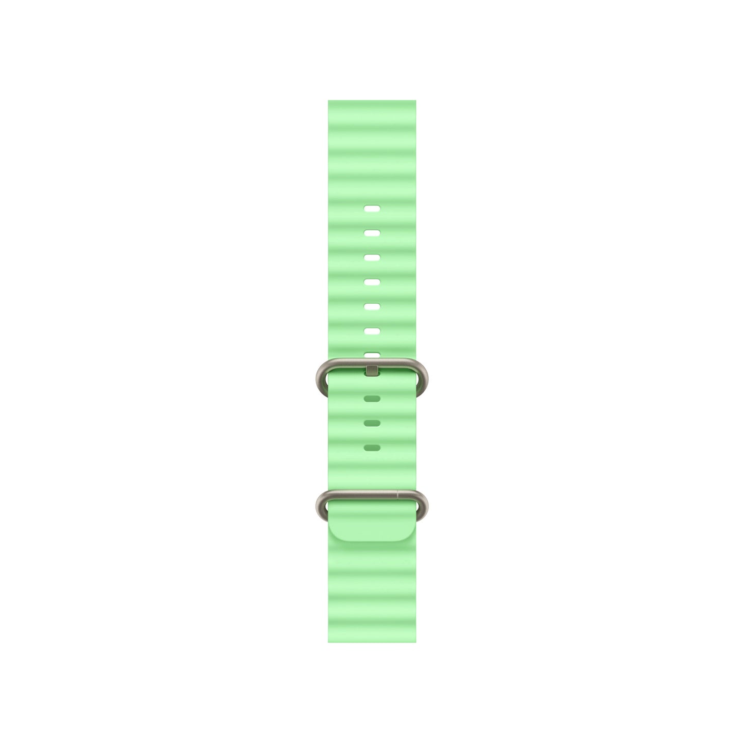 An ice green colour watch strap band made from silicone  with two metal buckles on an Apple watch series 11 42mm/ 45mm/ 46mm and ultra 3 designed for the ocean and active sports