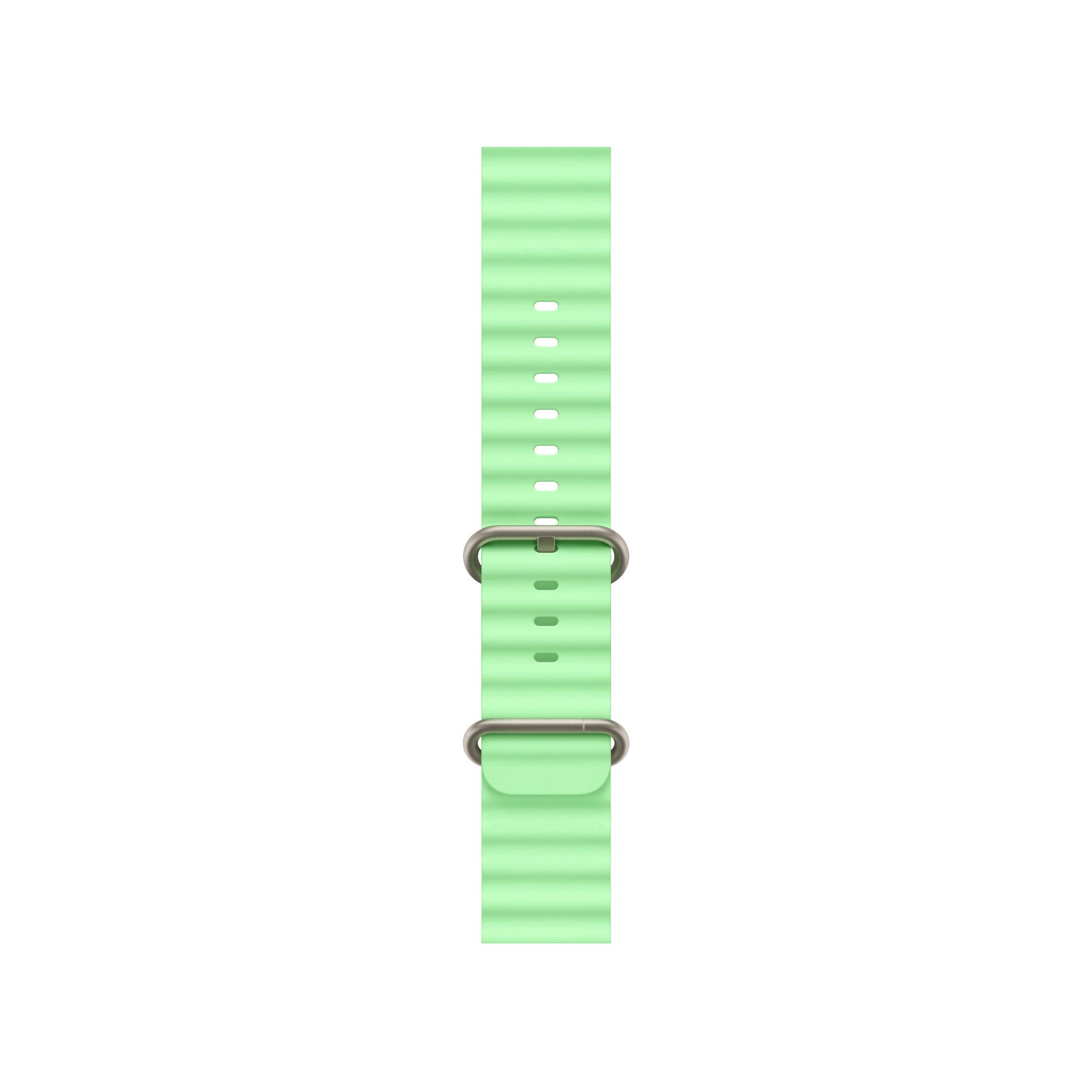 An ice green colour watch strap band made from silicone  with two metal buckles on an Apple watch series 11 42mm/ 45mm/ 46mm and ultra 3 designed for the ocean and active sports