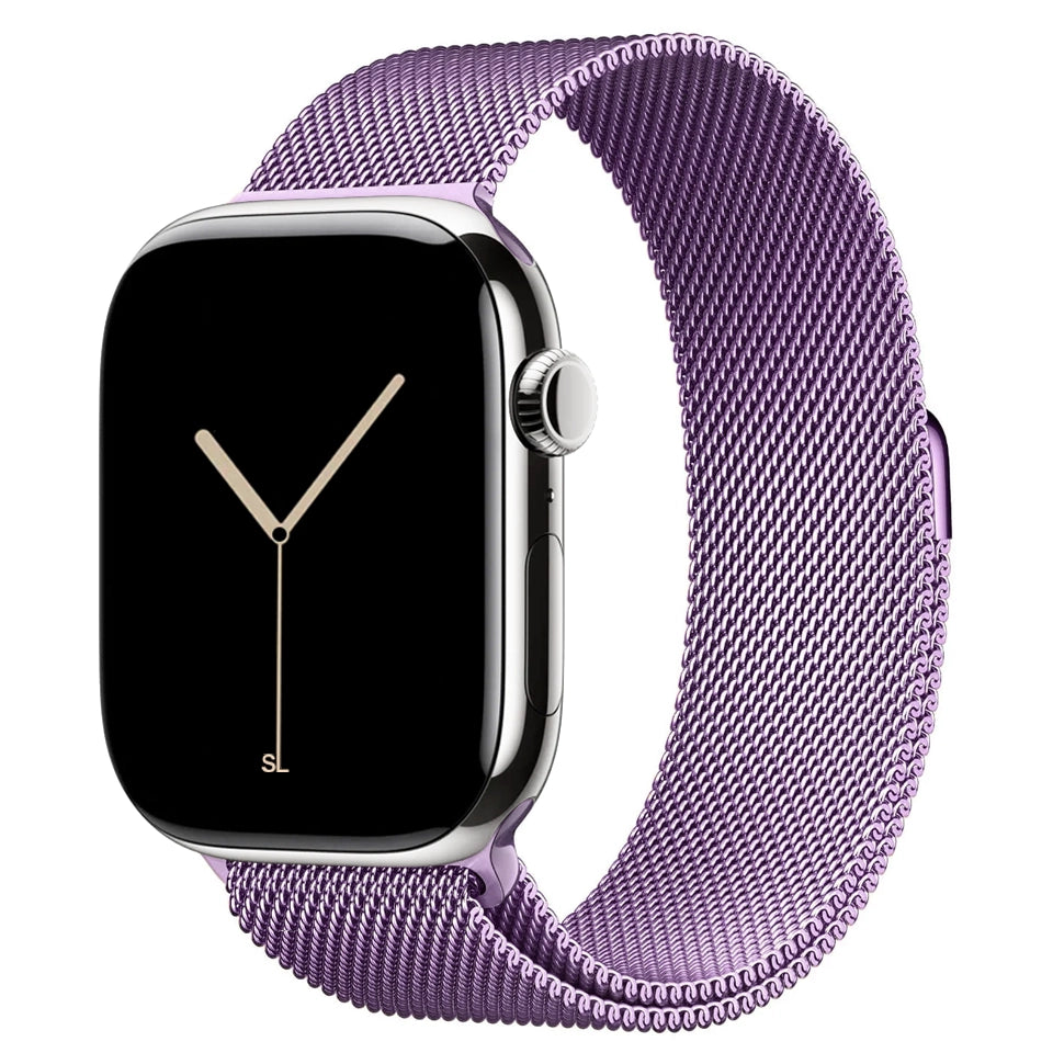 A lavender purple colour stainless steel milanese loop watch strap for the latest apple watch series 11 42mm and 46mm and ultra 3