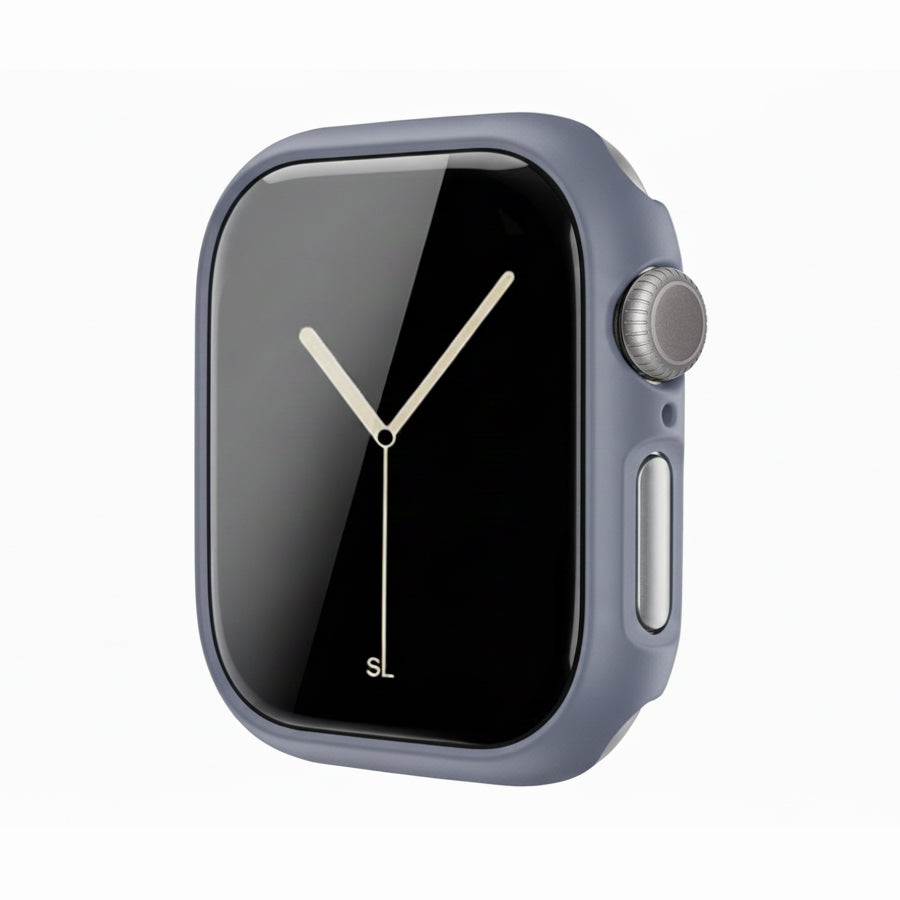 lavender grey Colour made from polycarbonate material protector with a strong built in tempered glass screen to protect your apple watch series 11 42mm and 46mm from damage displayed on a tilted angle