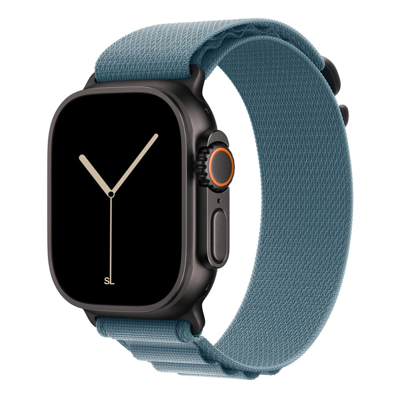 A light blue brown colour with black matte buckle premium nylon watch strap band designed for adventurers and alpine explorers that wear the Apple watch series 11 and Ultra 3 45mm 46mm 49mm