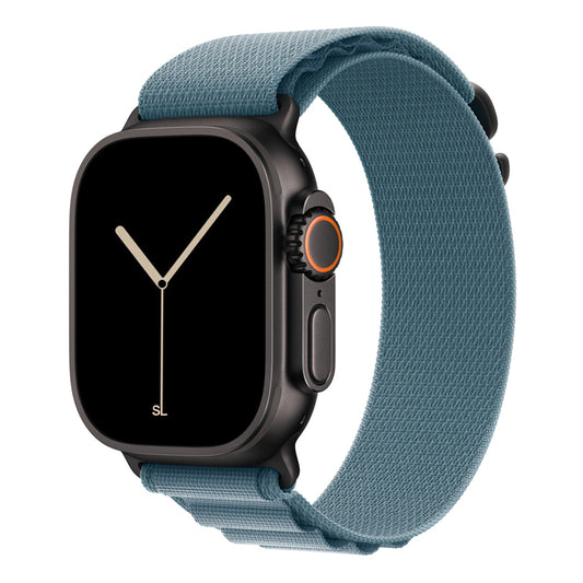 A light blue brown colour with black matte buckle premium nylon watch strap band designed for adventurers and alpine explorers that wear the Apple watch series 11 and Ultra 3 45mm 46mm 49mm