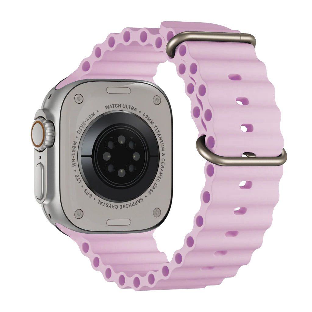 A light purple colour watch strap band made from silicone  with two metal buckles on an Apple watch series 10 42mm/ 45mm/ 46mm and ultra 2 designed for the ocean and active sports