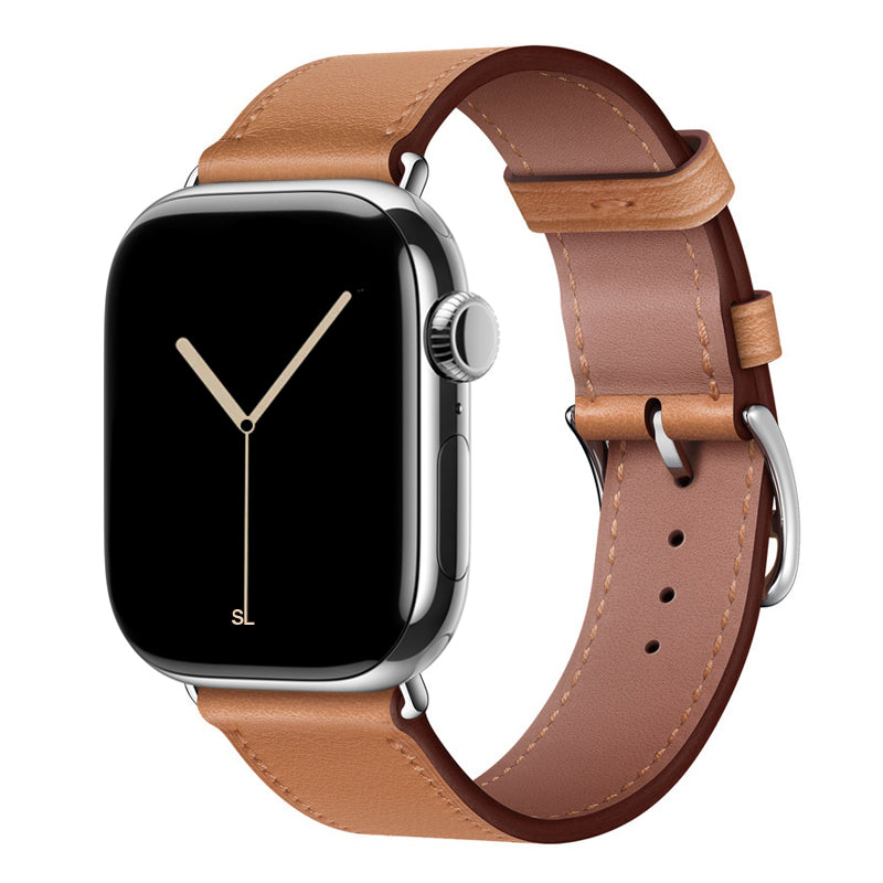 A handmade light brown genuine leather single tour watch strap on an apple watch series 11 42mm and 45mm and 46mm.