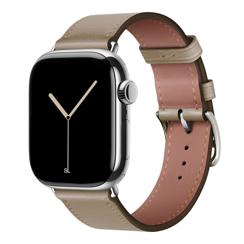 A handmade light grey genuine leather single tour watch strap on an apple watch series 11 42mm and 45mm and 46mm.