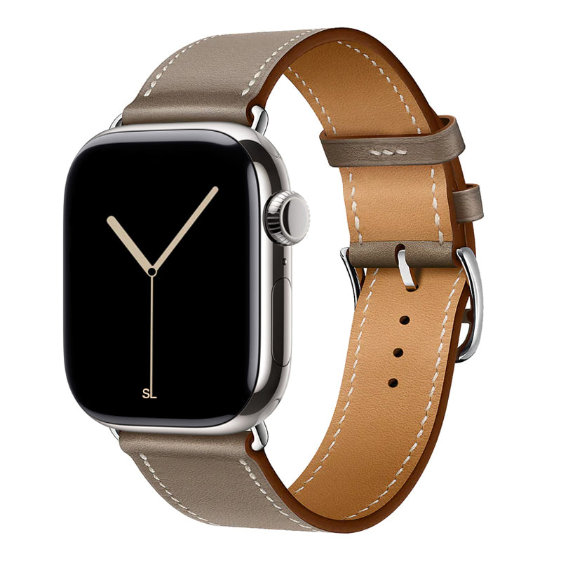 A handmade grey with white stitching genuine leather single tour watch strap on an apple watch series 11 42mm and 45mm and 46mm.