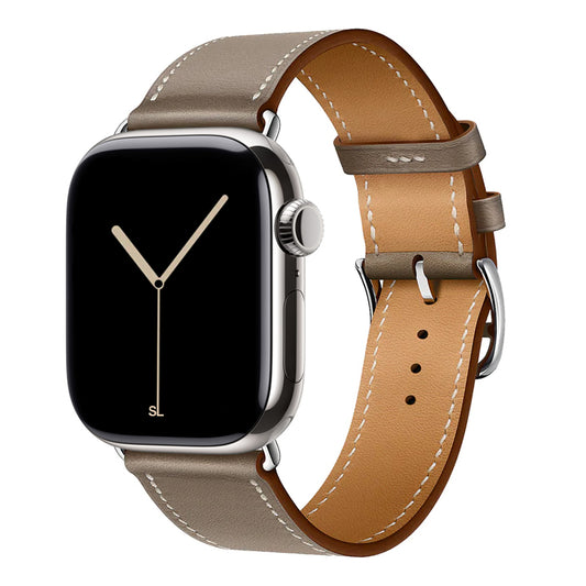 A handmade grey with white stitching genuine leather single tour watch strap on an apple watch series 11 42mm and 45mm and 46mm.