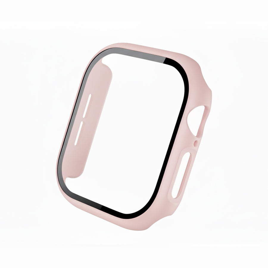 light pink Colour made from polycarbonate material protector with a strong built in tempered glass screen to protect your apple watch series 11 42mm and 46mm from damage displayed on a tilted angle