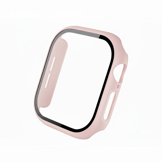 light pink Colour made from polycarbonate material protector with a strong built in tempered glass screen to protect your apple watch series 11 42mm and 46mm from damage displayed on a tilted angle