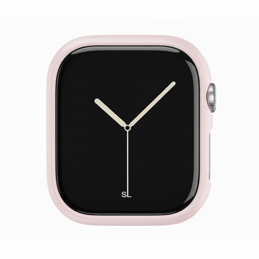 light pink Colour made from polycarbonate material protector with a strong built in tempered glass screen to protect your apple watch series 11 42mm and 46mm from damage displayed on a tilted angle