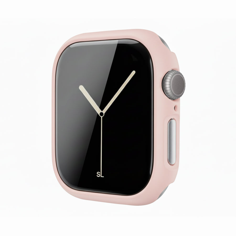 light pink Colour made from polycarbonate material protector with a strong built in tempered glass screen to protect your apple watch series 11 42mm and 46mm from damage displayed on a tilted angle