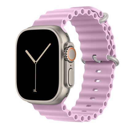 A light purple colour watch strap band made from silicone  with two metal buckles on an Apple watch series 11 42mm/ 45mm/ 46mm and ultra 3 designed for the ocean and active sports