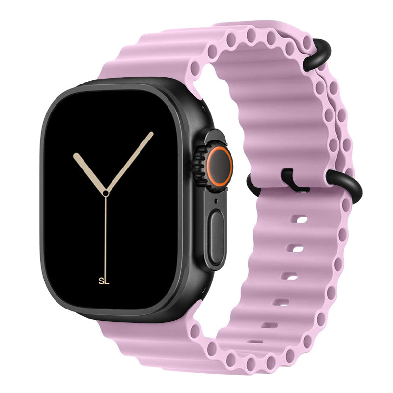 A light purple colour watch strap band made from silicone  with two metal buckles on an Apple watch series 11 42mm/ 45mm/ 46mm and ultra 3 designed for the ocean and active sports