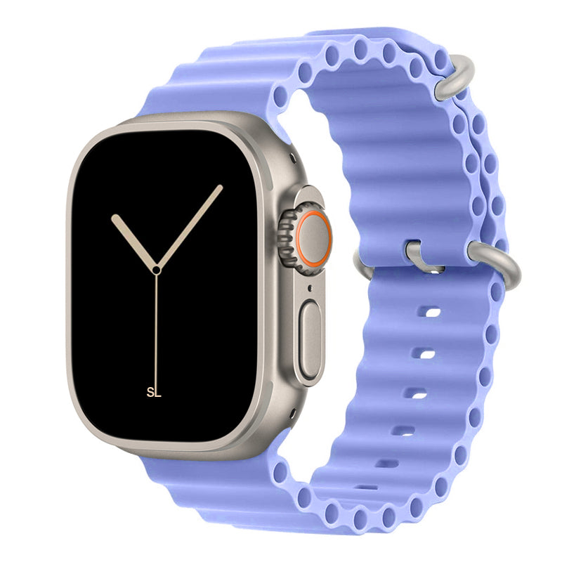 An Lilac Purple colour watch strap band made from silicone  with two metal buckles on an Apple watch series 10 42mm/ 45mm/ 46mm and ultra 2 designed for the ocean and active sports