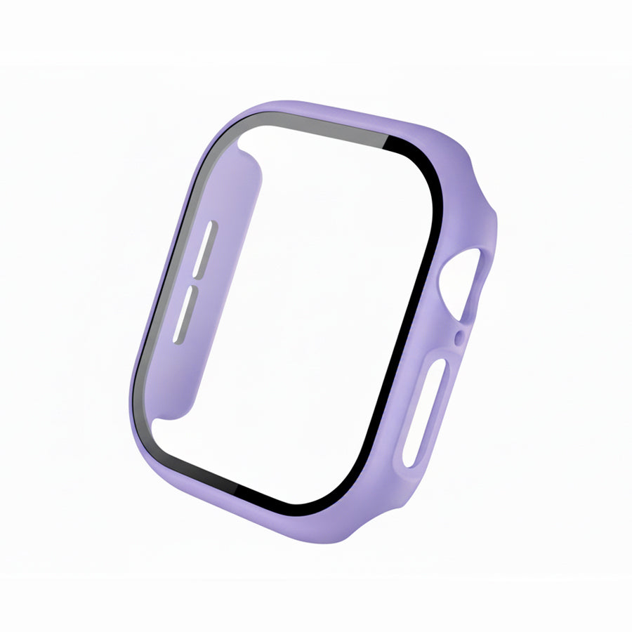 Lilac Purple Colour made from polycarbonate material protector with a strong built in tempered glass screen to protect your apple watch series 11 42mm and 46mm from damage displayed on a tilted angle