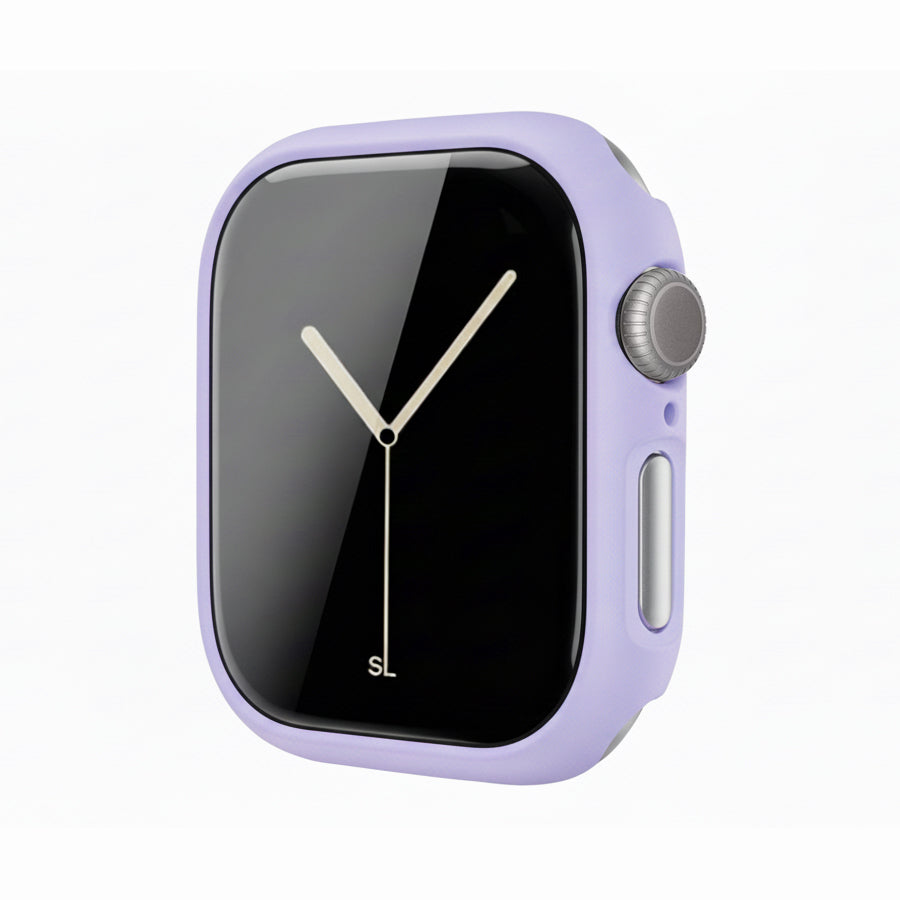 Lilac Purple Colour made from polycarbonate material protector with a strong built in tempered glass screen to protect your apple watch series 11 42mm and 46mm from damage displayed on a tilted angle