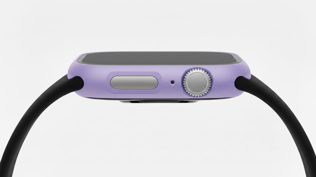Lilac Purple Colour made from polycarbonate material protector with a strong built in tempered glass screen to protect your apple watch series 11 42mm and 46mm from damage displayed on a tilted angle
