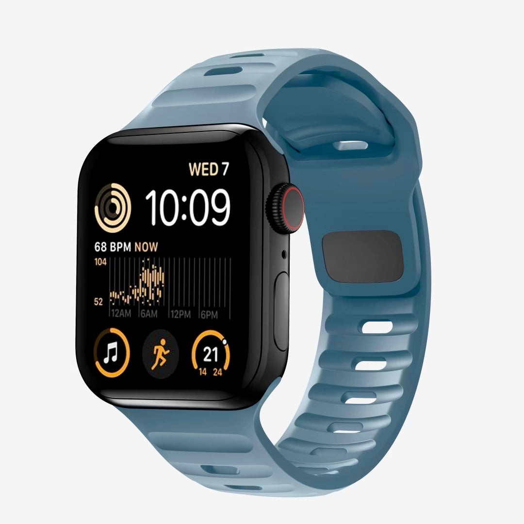 A marine blue colour silicon watch strap on an apple watch series 8 45mm for active sports