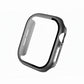 metallic dark grey Colour made from polycarbonate material protector with a strong built in tempered glass screen to protect your apple watch series 11 42mm and 46mm from damage displayed on a tilted angle