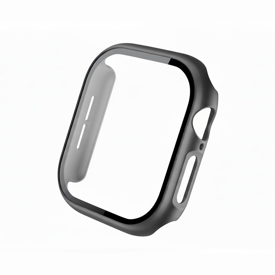 metallic dark grey Colour made from polycarbonate material protector with a strong built in tempered glass screen to protect your apple watch series 11 42mm and 46mm from damage displayed on a tilted angle