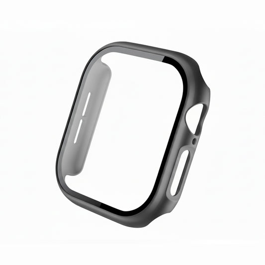 metallic dark grey Colour made from polycarbonate material protector with a strong built in tempered glass screen to protect your apple watch series 11 42mm and 46mm from damage displayed on a tilted angle