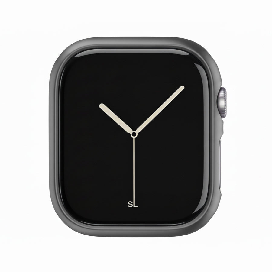 metallic dark grey Colour made from polycarbonate material protector with a strong built in tempered glass screen to protect your apple watch series 11 42mm and 46mm from damage displayed on a tilted angle