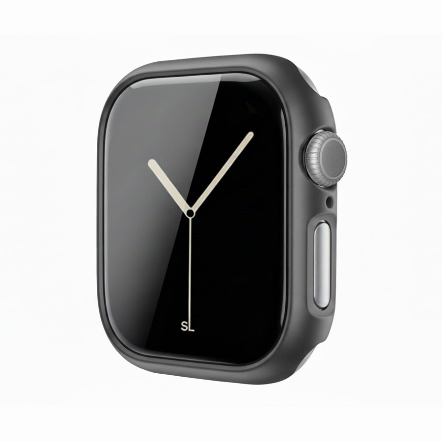 metallic dark grey Colour made from polycarbonate material protector with a strong built in tempered glass screen to protect your apple watch series 11 42mm and 46mm from damage displayed on a tilted angle