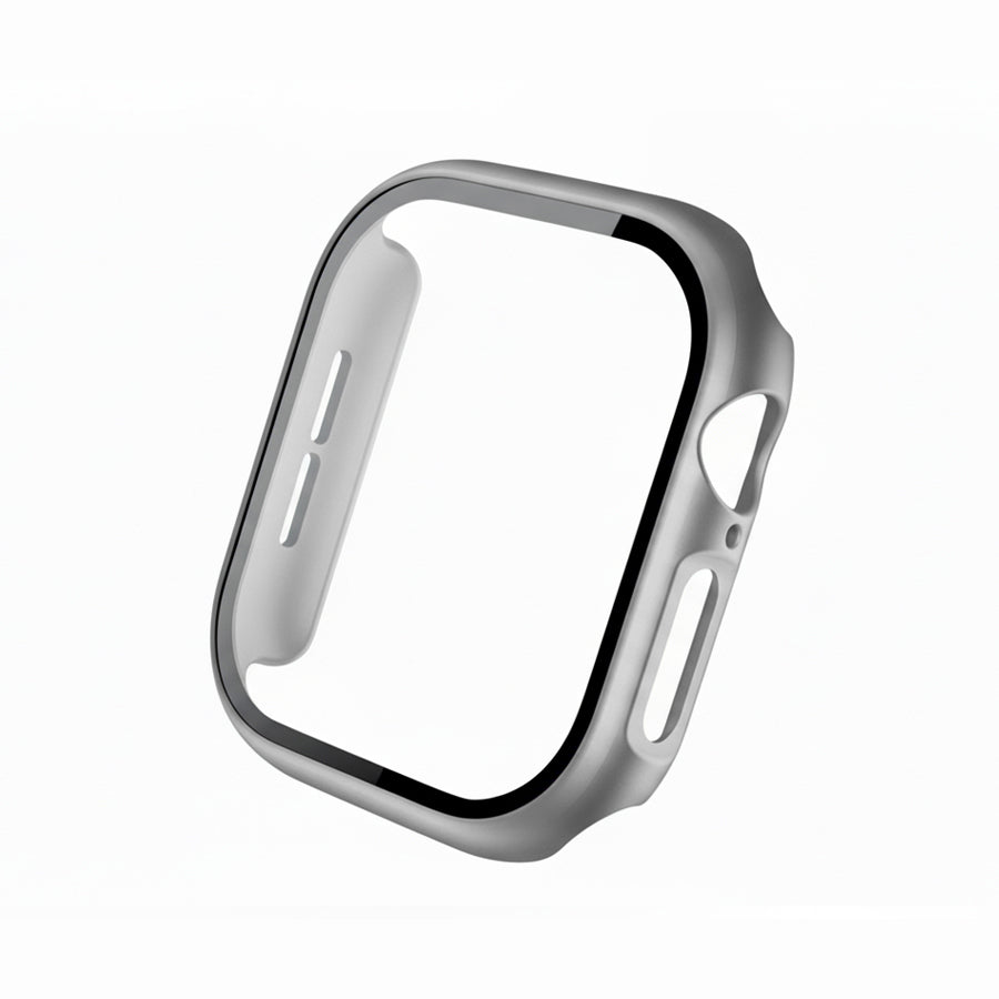 Metallic grey Colour made from polycarbonate material protector with a strong built in tempered glass screen to protect your apple watch series 11 42mm and 46mm from damage displayed on a tilted angle
