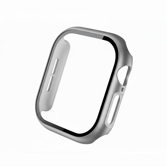 Metallic grey Colour made from polycarbonate material protector with a strong built in tempered glass screen to protect your apple watch series 11 42mm and 46mm from damage displayed on a tilted angle