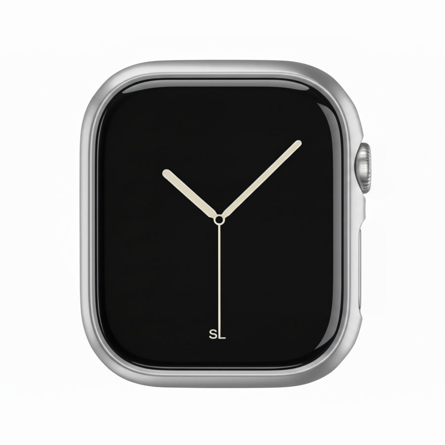 Metallic grey Colour made from polycarbonate material protector with a strong built in tempered glass screen to protect your apple watch series 11 42mm and 46mm from damage displayed on a tilted angle