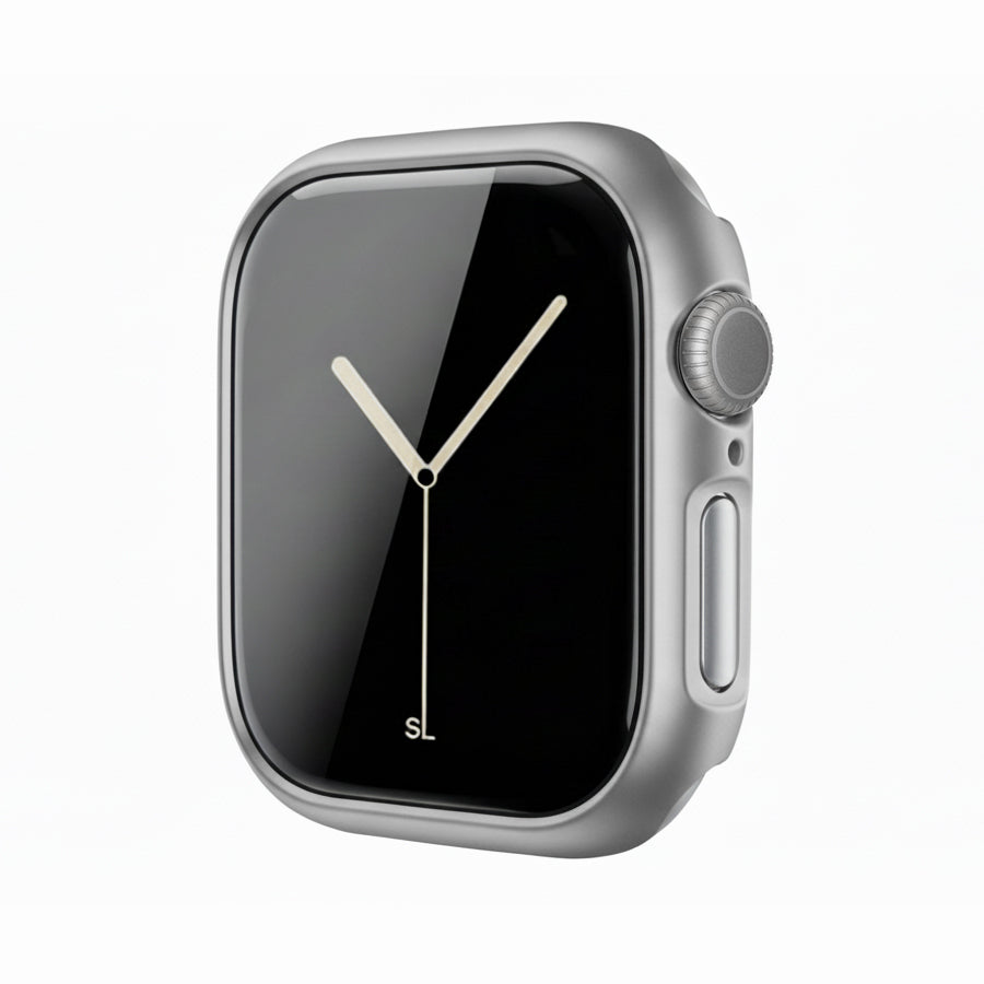 Metallic grey Colour made from polycarbonate material protector with a strong built in tempered glass screen to protect your apple watch series 11 42mm and 46mm from damage displayed on a tilted angle