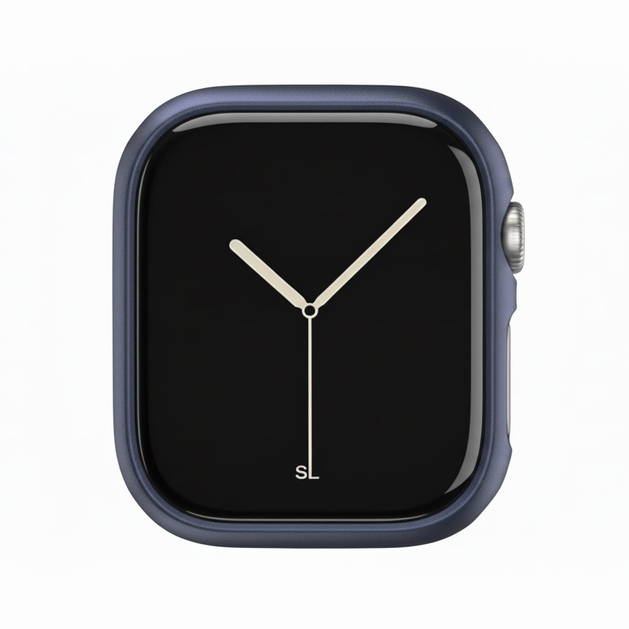 metallic Navy Colour made from polycarbonate material protector with a strong built in tempered glass screen to protect your apple watch series 11 42mm and 46mm from damage displayed on a tilted angle