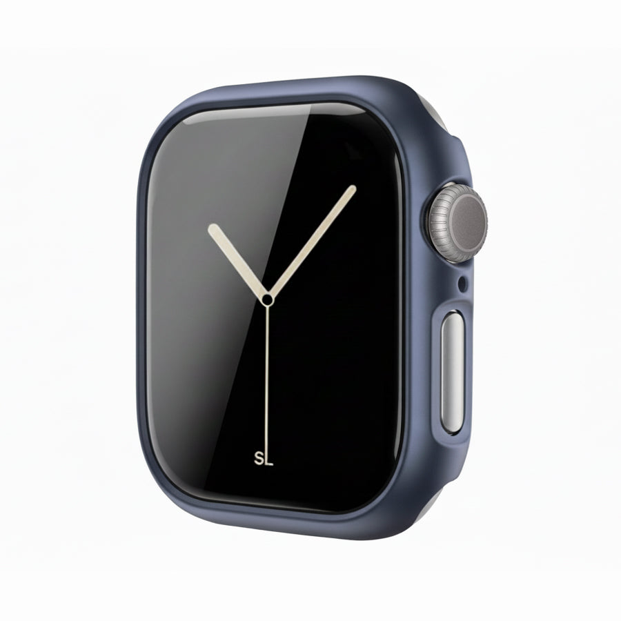metallic Navy Colour made from polycarbonate material protector with a strong built in tempered glass screen to protect your apple watch series 11 42mm and 46mm from damage displayed on a tilted angle